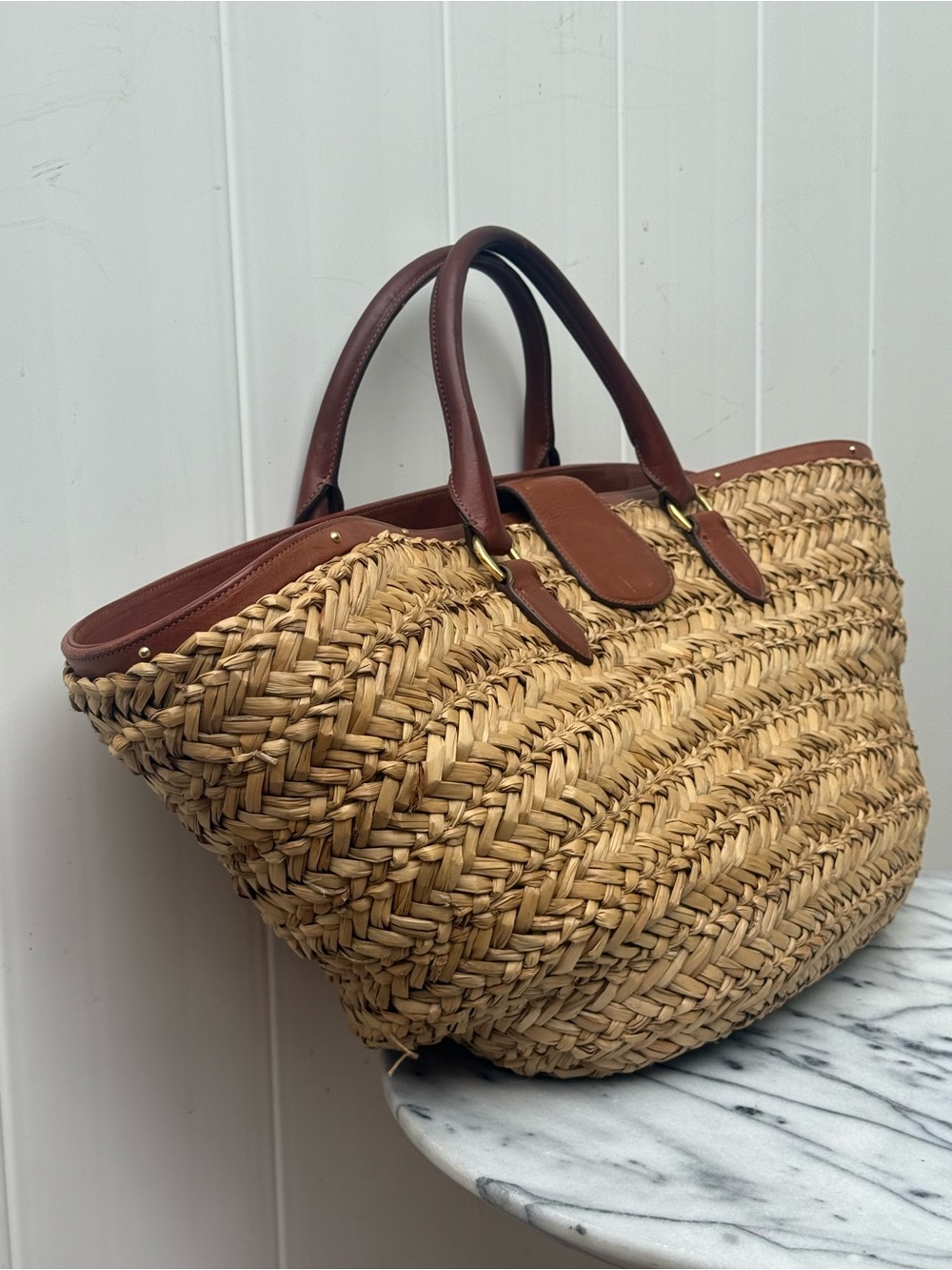Ralph Lauren Woven Straw Tote Bag with Brown Leather Trim - Picture 3 of 9